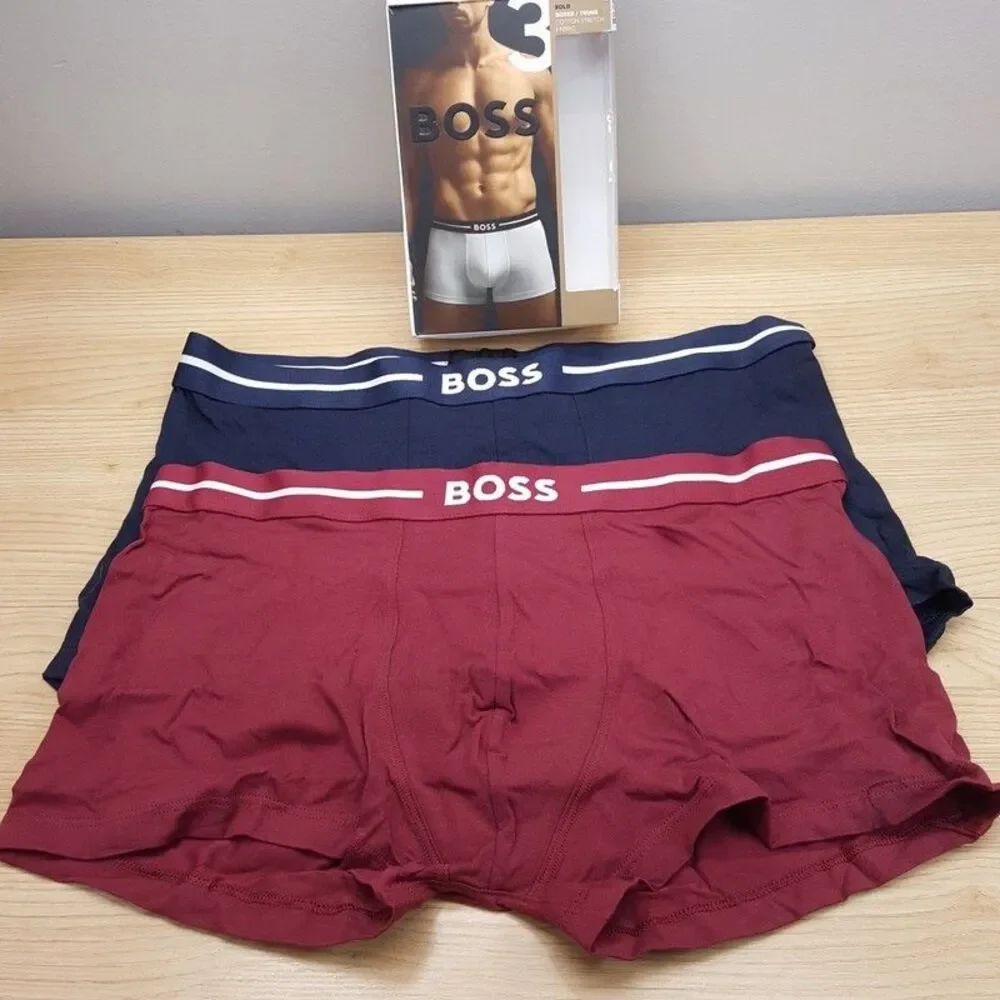 HUGO BOSS Boxer Briefs Mens Large Navy Blue Maroon Red 2-Pack BOLD Cotton